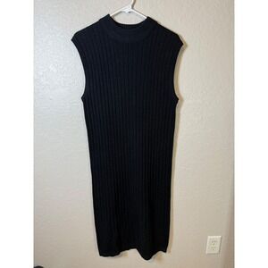 Sleeveless Ribbed Sweater Dress Mock Neck Black Midi Casual Trendy
